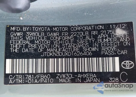 2013 Toyota Prius Two from USA, damaged, VIN JTDKN3DUXD1626406